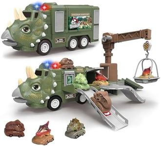 Dinosaur Truck with Cars | Transforming Triceratops Toy for Toddlers | Dinosaur Toys for Kids | Orbital Friction Dino Carrier Truck | Lights & Sound Effects | Holiday and Birthday Gift for Boys