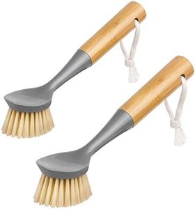 MR.SIGA Dish Brush with Bamboo Handle Built-in Scraper, Scrub Brush for Pans, Pots, Kitchen Sink Cleaning, Pack of 2