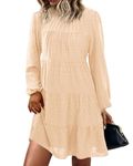 KIRUNDO Women's Long Sleeve Ruffle Mock Neck Tiered Mini Babydoll Dress Casual Flowy Swing Tunic Shift Dresses, Dot-beige, X-Large