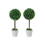 Set of 2 Small Realistic Artificial Boxwood Topiary Trees / Faux Tabletop Plants w/ Gray Ceramic Pots by MyGift