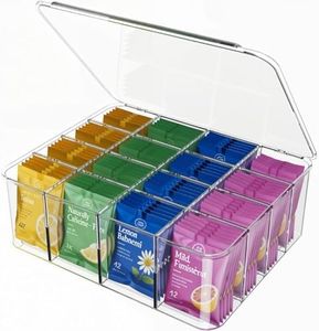 Rasydyn Tea Bags Organizer: Tea Bag Storage Organizer with Lid, Clear Acrylic Tea Bags Holder for Kitchen, Cabinet, Countertop Storage, Pantry organizers and storage - 16 Compartment