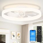 VOLISUN Low Profile Ceiling Fans with Lights and Remote, 24in Flush Mount Ceiling Fans with Light, Dimmable Fandelier LED Fan Lights, Bladeless Ceiling Fan with Light for Bedroom(White)