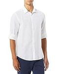 Perry Ellis Men's Rolled Sleeve Solid Linen Cotton Shirt Button, Bright White, Medium