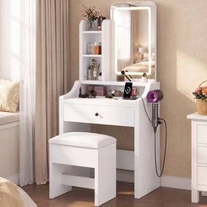 DUMOS Small Makeup Vanity Desk, Mirror and LED Lights, Compact Chair Set
