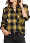 Zeagoo Plaid Shirt for Women Button Up Flannel Blouse Long Sleeve Cotton Gingham Tops Fall Casual Camisas Yellow S