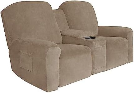 Easy-Going Velvet Reclining Loveseat with Middle Console Slipcover, Stretch 8-Piece Loveseat Reclining Sofa Covers, 2 Seat Loveseat Recliner Slipcover, Thick, Soft, Washable, Camel