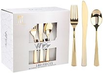 WDF 180 Pieces Disposable Plastic Gold Silverware Cutlery - Plastic Flatware Set 60 Forks, 60 Knives and 60 Spoons - Heavy Duty Gold Plastic Cutlery - Gold Utensils for Party, Wedding,Birthday