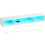 Rolanstar TV Stand with Power Outlet, Floating TV Stand with RGB Lights, 55.1" Wall Mounted TV Shelf, White Media Console with Storage Shelf, Entertainment Shelf Under TV for Living Room, Bedroom