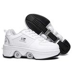 KOFUBOKE 2-in-1 Roller Skates & Sneakers Unisex Retractable Wheels Outdoor Fun & Fitness Kick Roller Shoes, White Without Light, 8