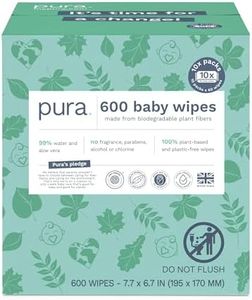 Pura Baby Wipes 10x60 Wipes (600 Wipes), Monthly Pack,100% Plastic-Free & Plant Based Wipes, 99% Water, Suitable for Sensitive & Eczema-prone Skin, Fragrance Free & Hypoallergenic, EWG, Cruelty Free