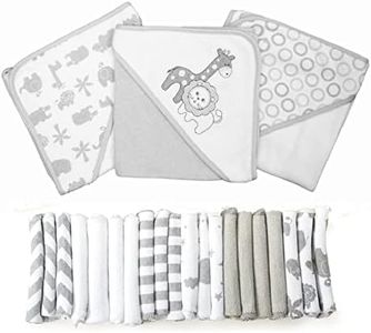 Spasilk Bath Hooded Towels & Baby Washcloths Set, Baby Bath Essentials for Everyday Use, 23-Piece Gift Set, Gray Lion