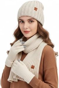 Winter Knit Beanie Hat, Scarf and Touchscreen Gloves Set, Warm Fleece Lined Cold Weather Accessories (strip cream)