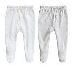 Owlivia 100% Organic Cotton Baby Boy Girl 2-Pack Footed Pants Wiggle Pants Jogging Pants(White & Light Grey Melange, 0-3 Months)