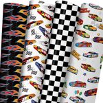 ZINTBIAL Race Car Wrapping Paper for Kids Birthday - Flames, Checkered Flags, Colorful Racing Cars and Happy Birthday Words Designs - 20 x 29 Inches, 8 Folded Sheets, Easy to Store…