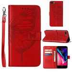 Moment Dextrad Compatible for iPhone 8 Plus Wallet Case,iPhone 7 Plus Case Women,iPhone 6/6S Plus Case,[Kickstand][Wrist Strap][Card Holder] Butterfly Floral Embossed PU Leather Flip Cover 2021 (Red)