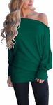 Lacozy Womens Fall Sweatshirt Off Shoulder Long Sleeve Batwing Knit Pullover Tops Trendy Outfit Fashion 2024 Blackish Green XXL