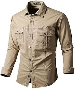 Aoleaky Camisas militares tipo cargo para hombre, primavera, otoño, algodón, casual, ajustadas, para exteriores, manga larga, caqui, L