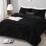 Fluffy Shaggy Duvet Cover Twin 2 Pieces, Plush Faux Fur and Velvet Reverse Twin Duvet Cover Set with Zipper Closure & Corner Ties, Warm Fuzzy Bedding Set with 1 Pillow Sham (Black, 68x90)