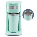 Elite Gourmet EHC113M Personal Single-Serve Compact Coffee Maker Brewer Includes 14Oz. Stainless Steel Interior Thermal Travel Mug, Compatible with Coffee Grounds, ReCaable Filter, Mint