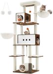 Feandrea Cat Tree, 77.5-Inch Tall Modern Cat Tower for Large Indoor Cats, Multi-Level Cat Condo with 2 Caves, 2 Hammocks, 4 Scratching Posts, Self-Groomer, Tunnel, Perch, Rustic Brown UPCT193X01