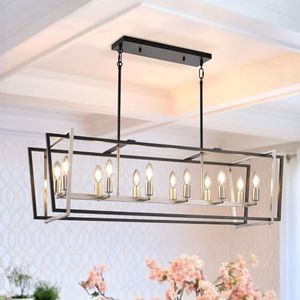 40" Dining Room Light Fixture/Chandelier Over Table, 12-Light Kitchen Island Lighting, Linear Kitchen Island Light Fixtures, Black and Sliver Rectangle Chandeliers for Dining Room, E12 Socket