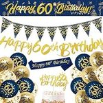 60th Birthday Decorations Men,Blue Gold Happy 60th Birthday Banner,60th Birthday Balloons,Bunting Flags,Sash,Cake Toppers for Men Women Blue 60th Birthday Party Supplies