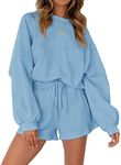 MEROKEETY Women's 2024 Fall Oversized Batwing Sleeve Lounge Sets Casual Top and Shorts 2 Piece Outfits Sweatsuit Light Blue