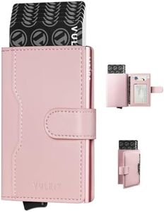 VULKIT Slim Bifold Pop up Wallet Minimalist Leather Card Holder RFID Blocking Metal Card Case with ID Window for Women (Rose)