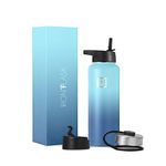 IRON °FLASK Camping & Hiking Hydration Flask, Wide Mouth, 3 Straw Lids, Stainless Steel Outdoor Water Bottle, Double Walled, Insulated Thermos, Metal Canteen - Blue Waves, 32 Oz