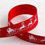 Christmas Grosgrain Ribbon - Red & White - Santa Sledge Sleigh Reindeer - 16mm x 5m