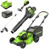 Greenworks 80V 21” Brushless (Self-Propelled) Cordless Electric Lawn Mower + (580 CFM) Axial Leaf Blower + 16” (Attachment Capable) String Trimmer, 4.0Ah Battery and 60 Minute Rapid Charger