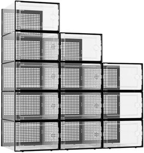 Kuject XX-Large Shoe Storage Boxes Organizers Clear Plastic Stackable 12 Pack, Shoe Rack & Holder Substitute, Sneaker Containers, Toy Storage Organizer Bins for Entryway, Closet, Under Bed, Black