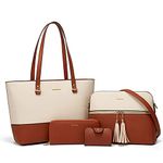 Women Fashion Synthetic Leather Handbags Tote Bag Shoulder Bag Top Handle Satchel Purse Set 4pcs, Beige+brown, Large