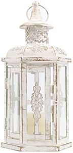 JHY DESIGN Decorative Candle lantern-10inch High Vintage Style Hanging Lantern Metal Candleholder for Indoor Outdoor Events Parities and Weddings (White with Gold Brush)