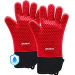 Anaeat Oven Mitts, Heat Resistant BBQ Grilling Gloves, Waterproof Silicone Kitchen Gloves Non-Slip Potholder with Thick Long Protection & 100% Cotton Lining for Barbecue, Cooking, Baking (Red)