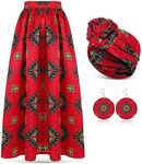 Janmercy 3 Pcs Women African Skirt Printed Maxi Skirt Long Skirts with Pockets Boho Casual Dress Head Wrap Scarf Drop Dangle Earrings, Multicolored, Medium