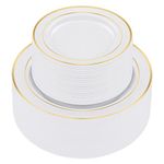 Allure Maek 100PCS Heavyweight White with Gold Rim Wedding Party Plastic Plates,Dinnerware Sets,50-10.25inch Dinner Plates and 50-7.5inch Salad Plates (White/Gold Rim) (Gold)