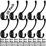 Dual Coat Hooks, Wall Mounted Double Prong Robe Hook, 20 Pack Utility Rustic Hooks with Screws for Coat, Scarf, Bag, Towel, Key, Cap, Cup, Hat (Black)