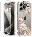 GVIEWIN for iPhone 15 Pro Case Floral, with Screen Protector+Camera Lens Protector, [Not Yellowing] Slim Shockproof Clear Protective Phone Cover for Women, Flower Pattern Design (Vibrant Spring)