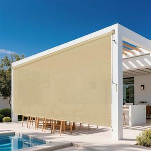 Solace Shade Outdoor Roller Shades for Patio 12'Wx8'H Sesame, 90% UV Block & Privacy Protection Outdoor Blinds, Cordless Porch Shades Outdoor Roll Up with Splicing Design 20-Min Install