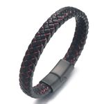 HALUKAKAH ● Nightwatch ● Men's Genuine Black Leather Titanium Bracelet Red Cord 8.46"(21.5cm) Magnetic Clasp with FREE GIftbox