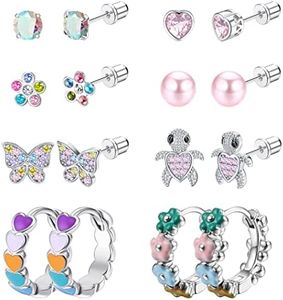 Kakonia 8 Pairs Hypoallergenic Screwback Earrings Studs for Girls Women 316L Stainless Steel Cute Heart Hoop Earrings CZ Butterfly Turtle Screw Back Stud Earrings Jewelry Set 20G