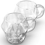 Elle Decor Insulated Coffee Mug, Set of 2 (10-Oz, 300ml), Double Wall Diamond Shaped Glasses, Tea Cups, Glass Coffee Mug for Lattes, Americano, Espresso, Clear Mugs