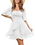 Amoretu Womens Summer Dresses Square Neck Puff Sleeves A Line Chiffon Dress, White, L