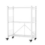 Foldable Storage Shelves Unit, 3-Tier Folding Shelf Rack Organizer Cart with Rolling Wheels for Temporary or Mobile Storage in Garage Kitchen Warehouse Patio Plants Basement (White, 3-Tier)