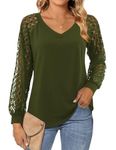 Beluring Womens Blouse V Neck Lace Long Sleeve Tunic Tops Casual T-Shirts Army Green Size 8 10