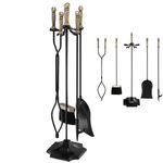 GiantexUK 5-Piece Fireplace Companion Set, Wrought Iron Fire Place Tools Set with Stand, Tong, Shovel, Brush & Poker, Fireside Wood Burner Stove Accessories (Bronze + Black, 4 Hooks, Octagonal Base)