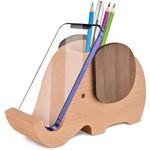 AhfuLife Wooden Elephant Phone Stand with Pen&Pencil Cup Holder/Pot for iPhone Samsung Huawei, Desk Decoration Multi-Functional Stationery Organizer, Gift for Valentine's Day, Mother's Day,Birthday