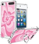 OOK Compatible with iPod Touch5/6/7 Generation Case Ring Holder for Girls Woman,Soft TPU Bumper PC Back Shockproof Protective Case-Pink Butterfly