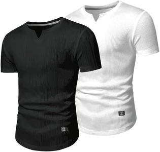 JMIERR 2 Pack Henley Shirts for Men Muscle Slim Tight T Shirt V-Neck Short Sleeve Longline Shirts Gym Workout Hip Hop Tees Shirt, 2XL